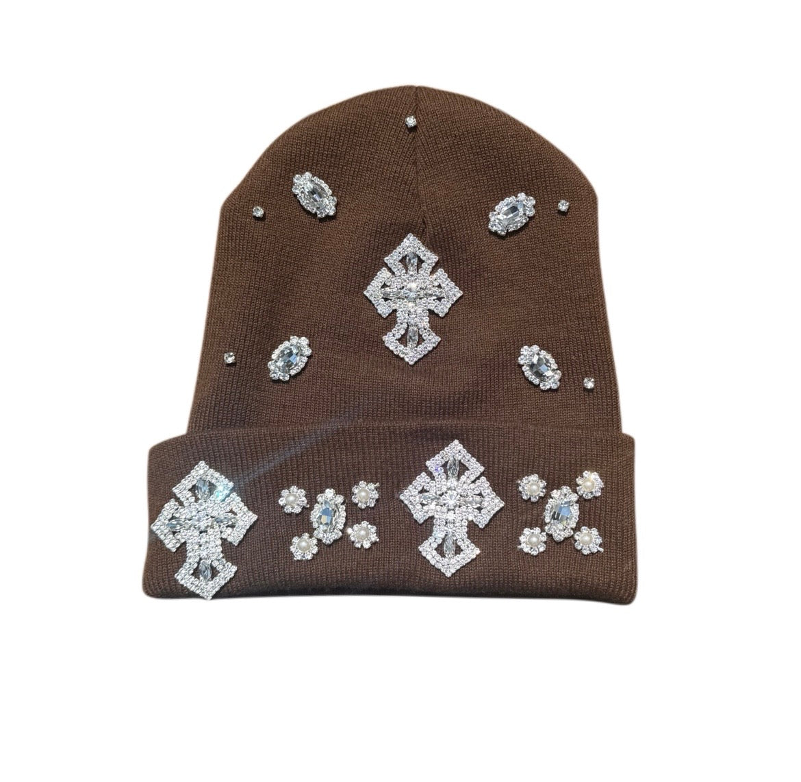Brown cross stone beanie