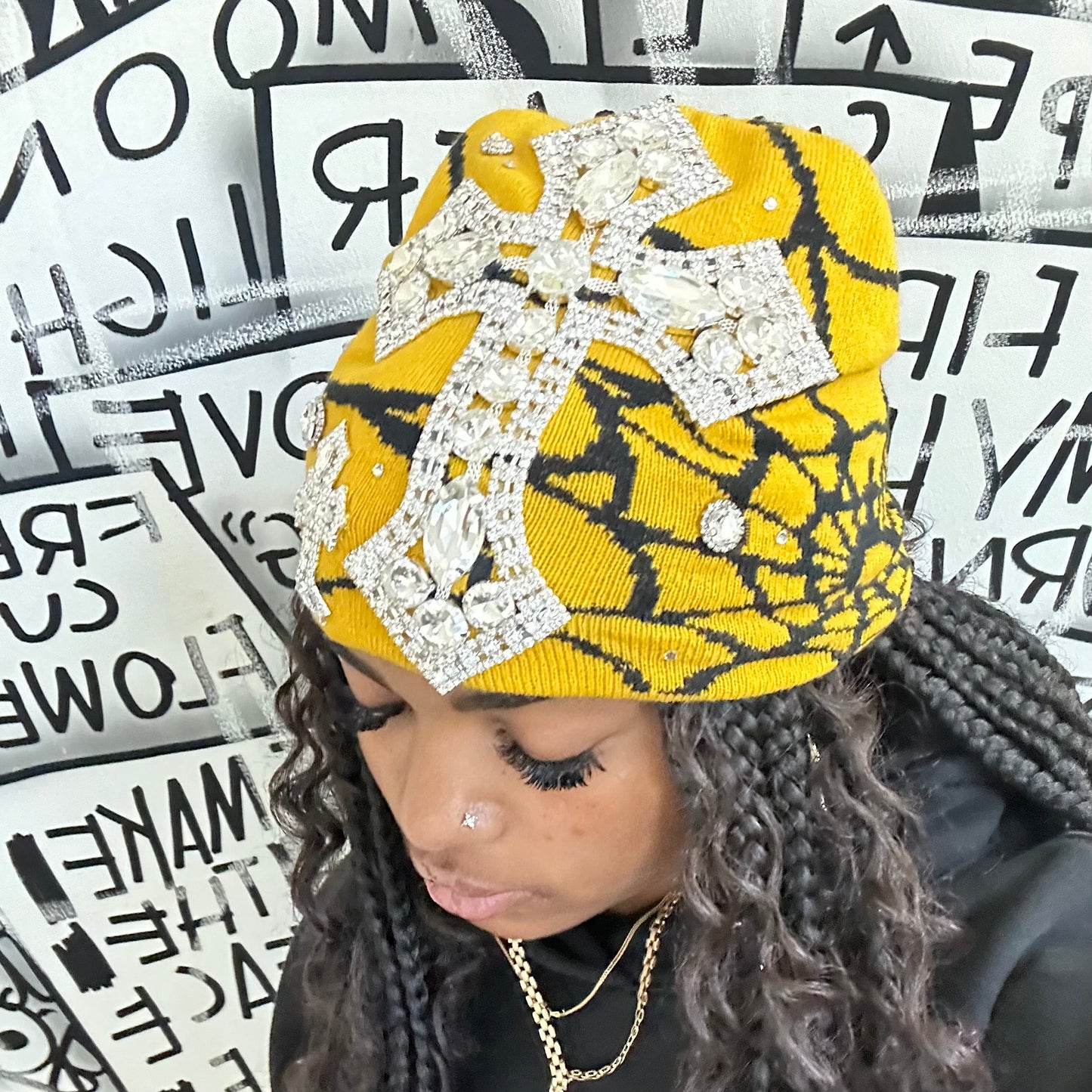 Yellow Rhinestone Cross Beanie