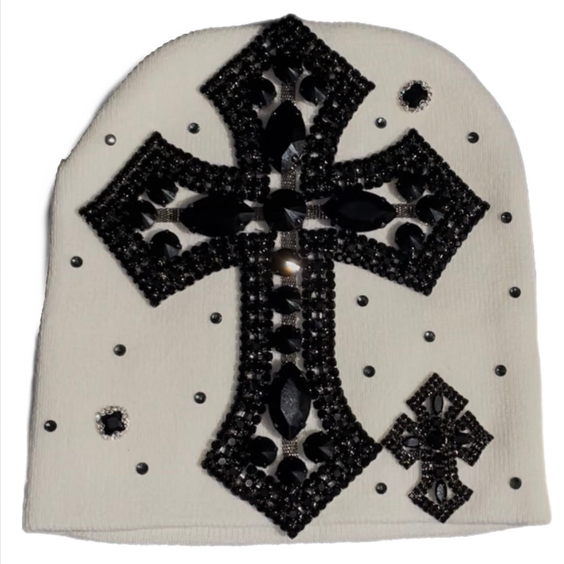 White Black Rhinestone Cross Beanie