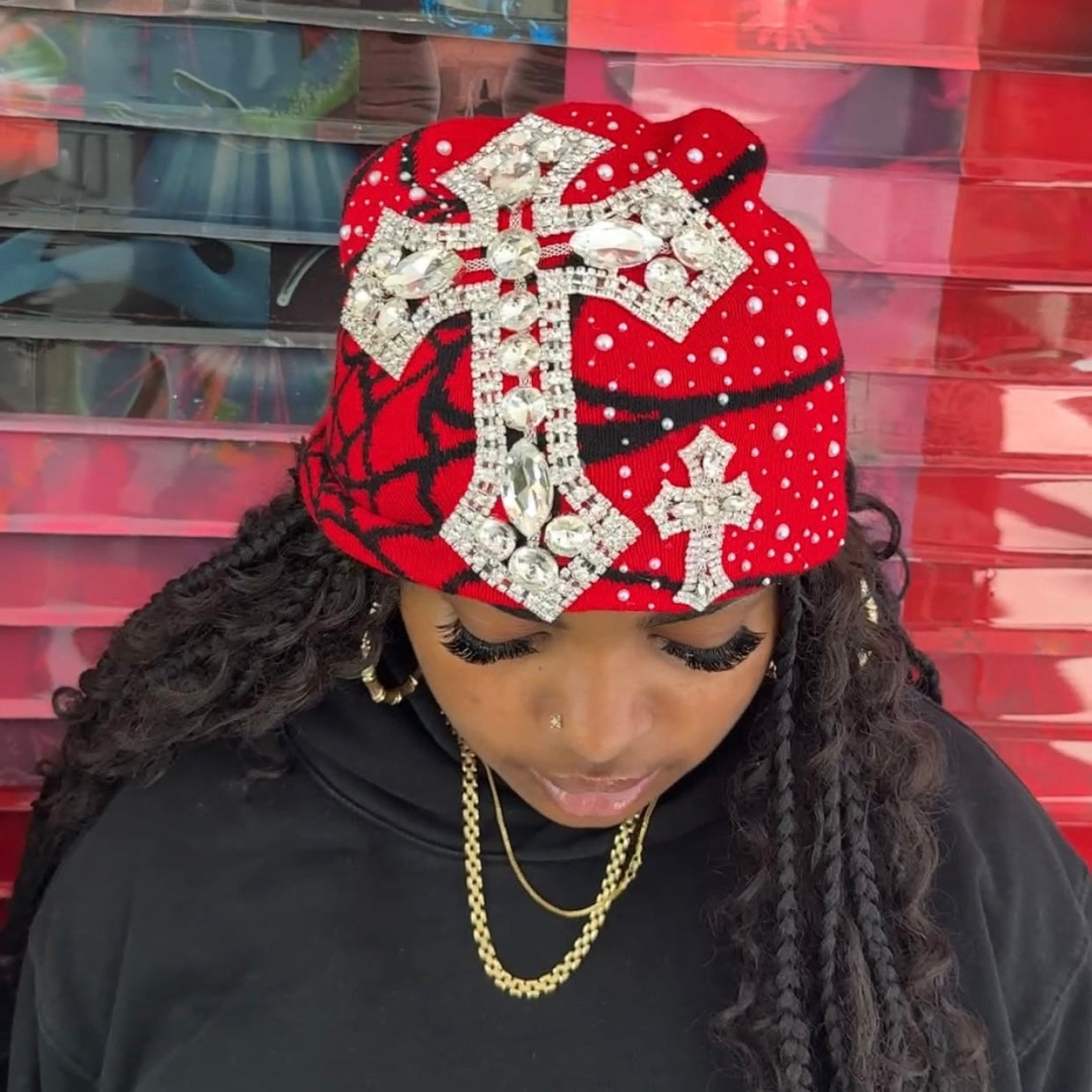 Red/Black Rhinestone Cross Beanie