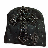 Black Rhinestone Cross Beanie
