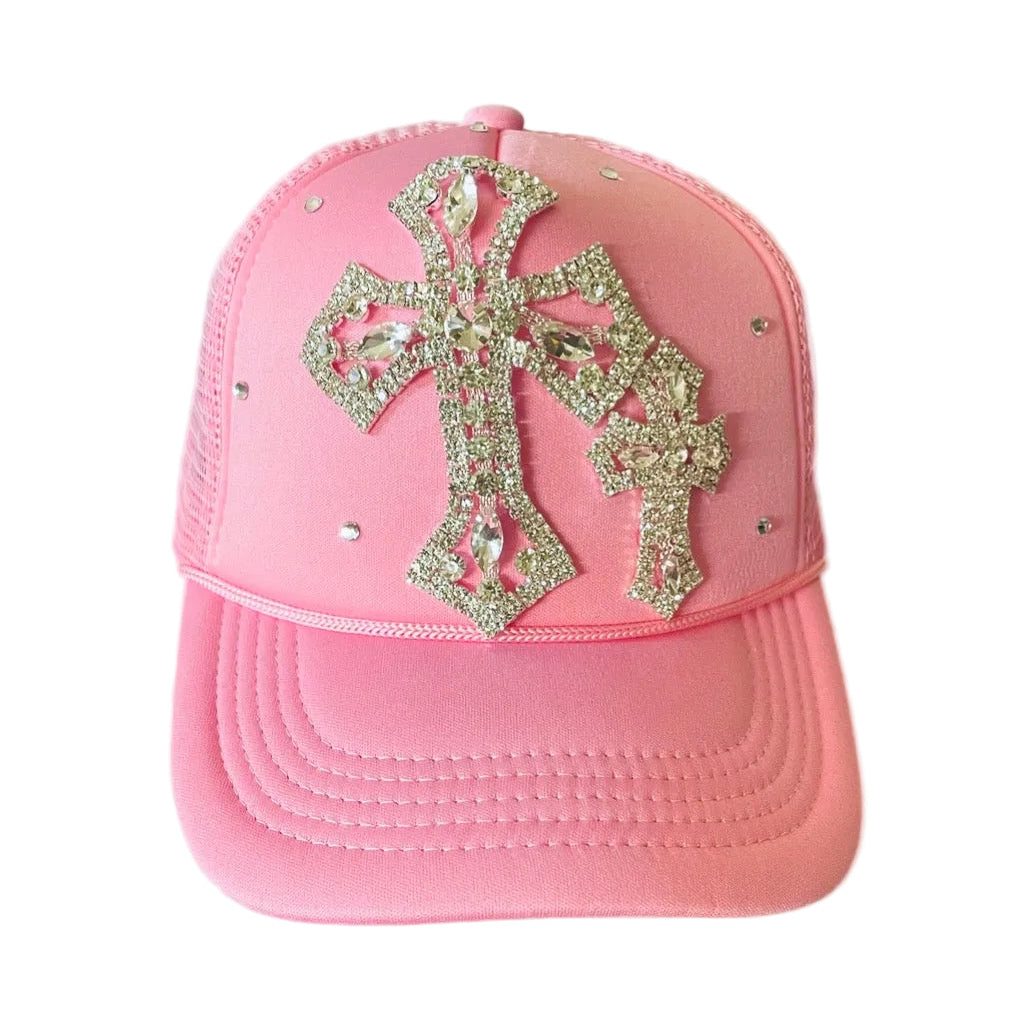 Pink cross trucker hat