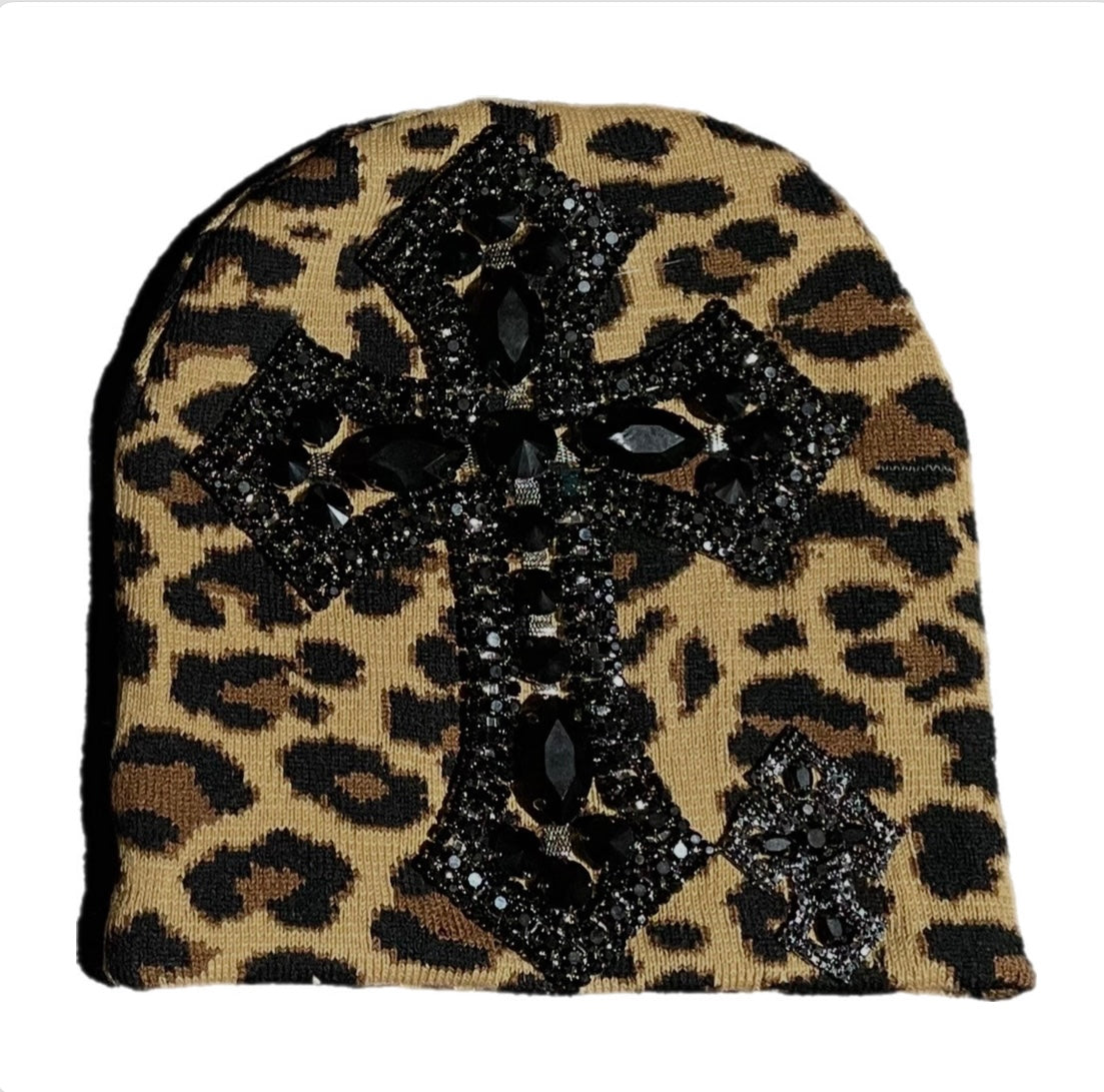 Leopard print black cross beanie