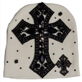 White Black Rhinestone Cross Beanie