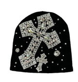 Black Rhinestone Cross Beanie