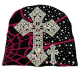 Black/Pink Rhinestone Cross Beanie