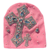 Pink Rhinestone Cross Beanie