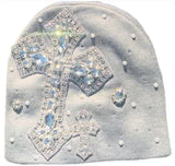Grey Rhinestone Cross Beanie