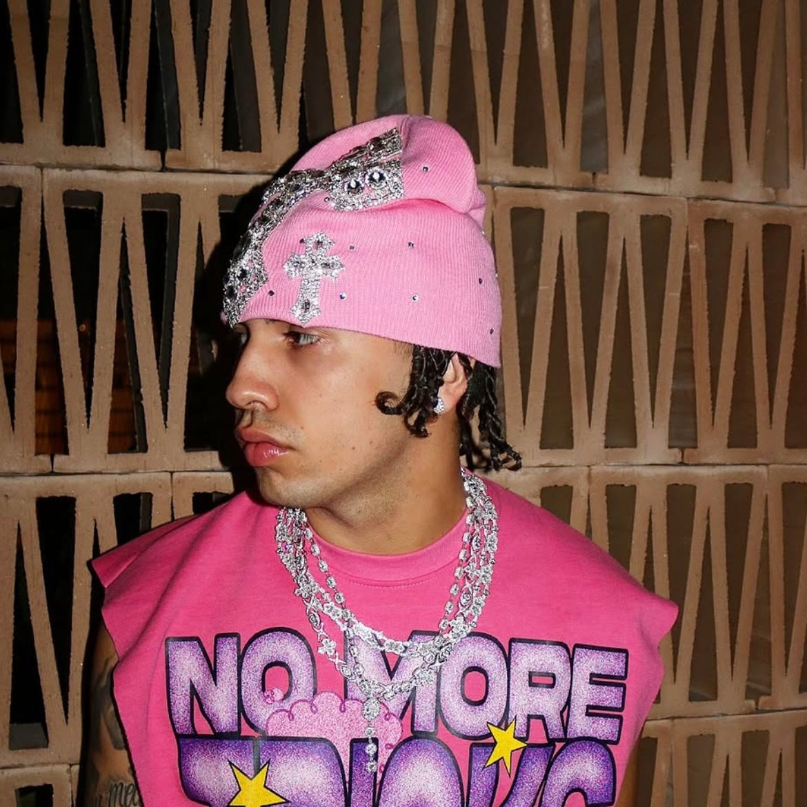 Pink Rhinestone Cross Beanie