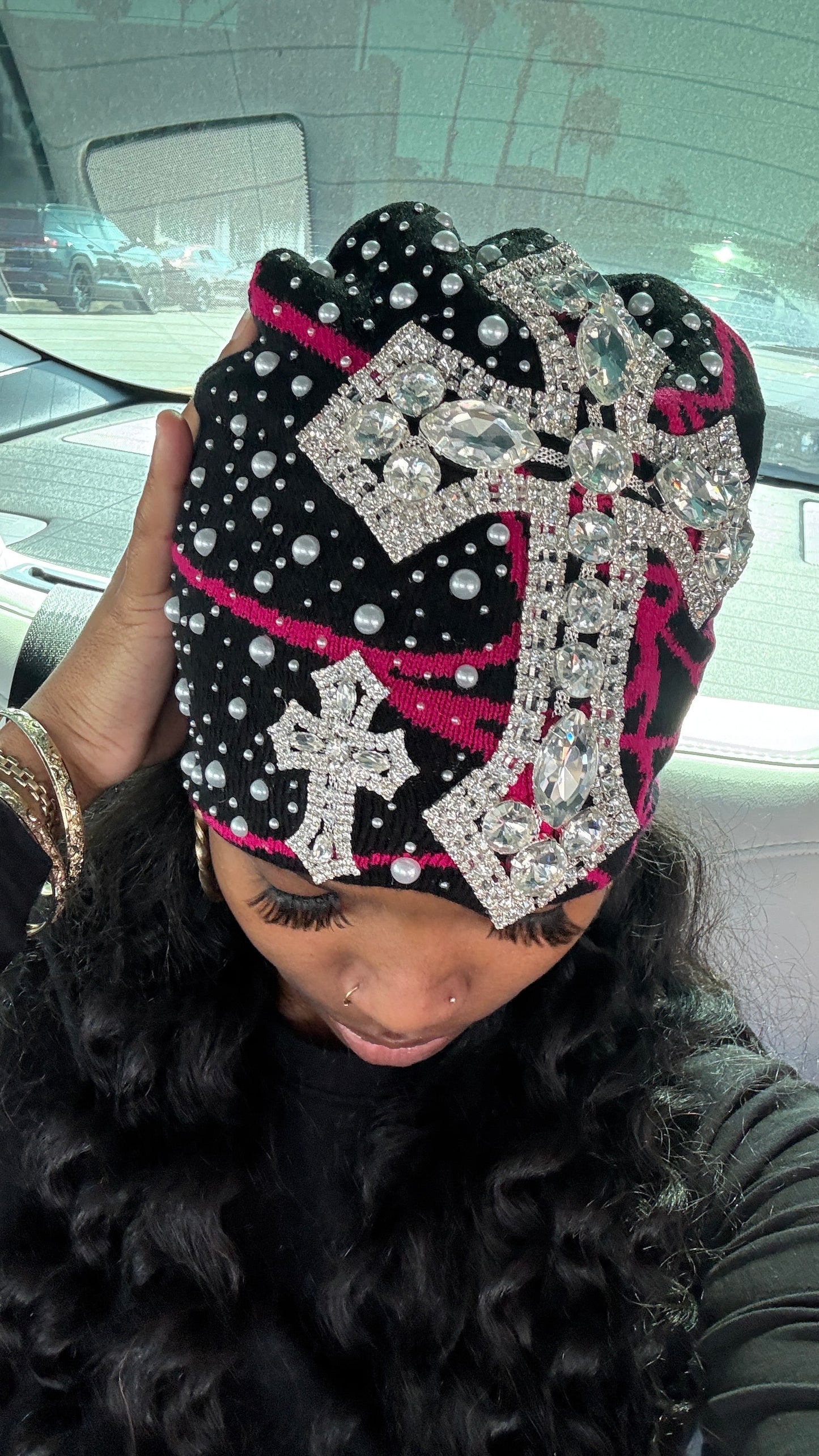 Black/pink spider beanie