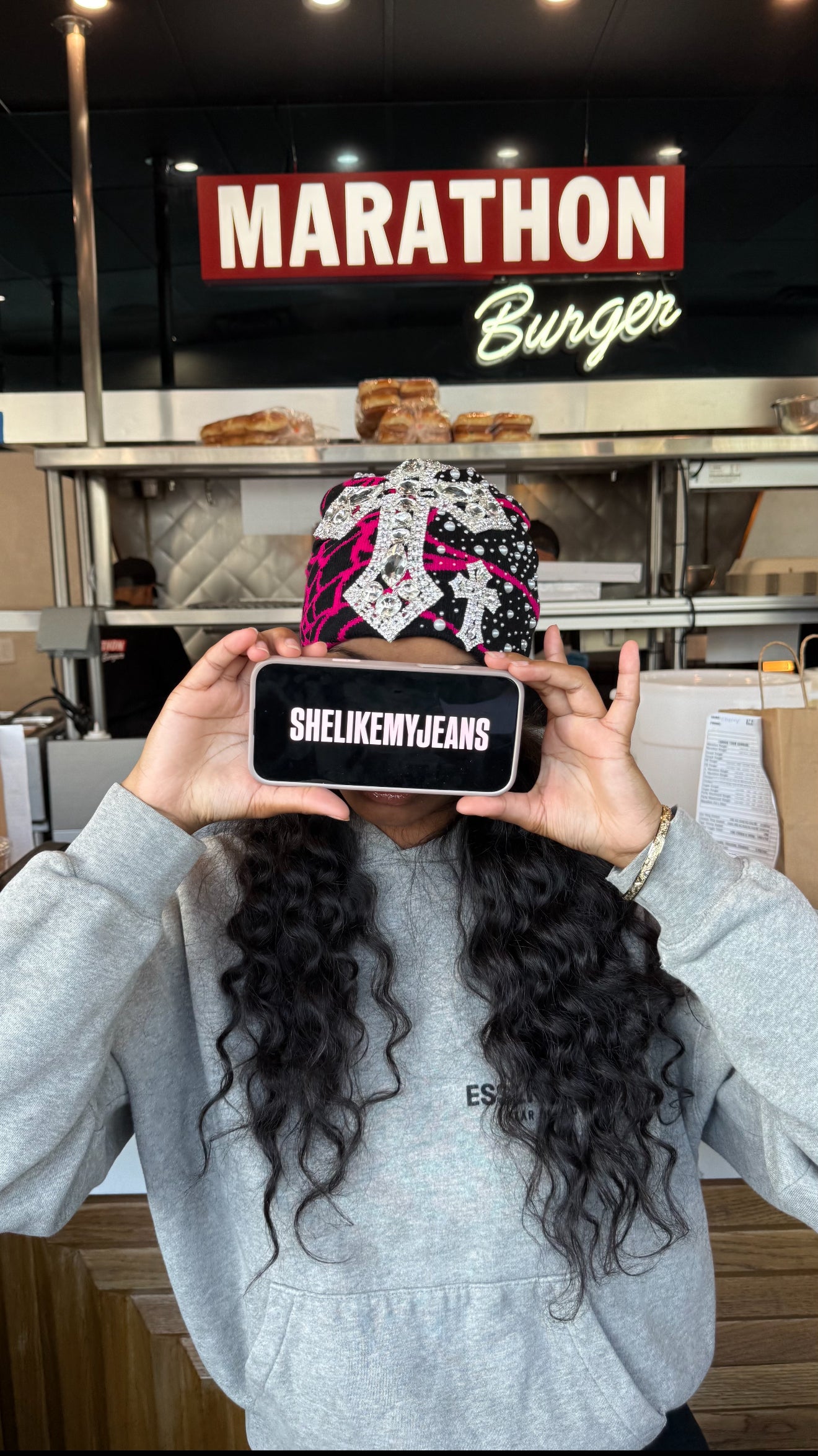 Black/pink spider beanie